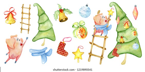 Christmas Watercolor Scene Creator Winter Illustration With Cute Pig Decorating Pine Tree With Toys