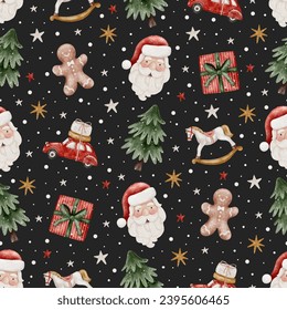 Christmas watercolor seamless pattern with Santa Claus, red car, gingerbread man, spruce, toy horse and present. - Powered by Shutterstock