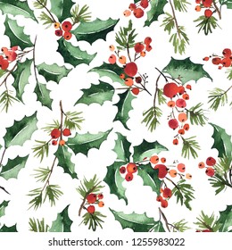 Christmas Watercolor Seamless Pattern With Twigs Of Holly, Berries And Spruce