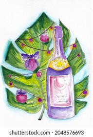 Christmas watercolor  tropical new year illustration white background Hand  drawn elements for postcard  for celebration design Collection set objects: palm tree and bottle champagne