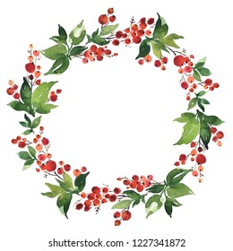 Christmas Watercolor Wreath Of Holly Berries