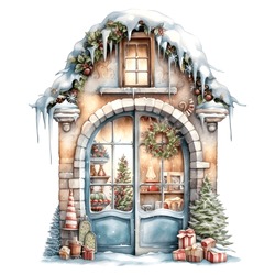 Christmas Window Watercolor Art , Greetings Design Template Vector, Illustration