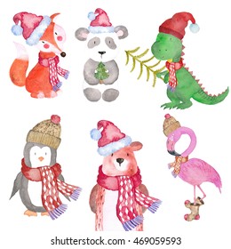 Christmas Winter Animals Fox Penguin Dinosaur Bear Panda Flamingo Watercolor Hand Painting Illustrations Woodland  Seasonal Holiday Isolated 