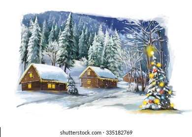 Christmas Winter Happy Scene - Illustration For The Children