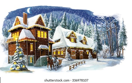 Christmas Winter Happy Scene - Illustration For The Children