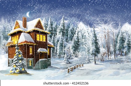 Christmas winter happy scene with wooden beautiful house in the forest in snowy evening - illustration for the children - Powered by Shutterstock