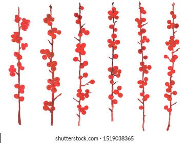 Christmas Winter Plants. Set Of Watercolour Possum Haw Branches With Red Berries. Hand Drawn Botanical Elements Isolated On White Background. Simple Elegant Design For Seasonal Greetings.