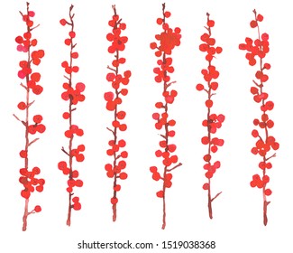 Christmas Winter Plants. Set Of Watercolour Possum Haw Branches With Red Berries. Hand Drawn Botanical Elements Isolated On White Background. Simple Elegant Design For Seasonal Greetings.