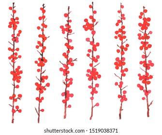 Christmas Winter Plants. Set Of Watercolour Possum Haw Branches With Red Berries. Hand Drawn Botanical Elements Isolated On White Background. Simple Elegant Design For Seasonal Greetings.