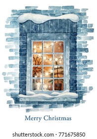 Christmas Winter Window. Watercolor Illustration.