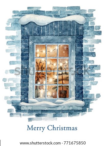 Christmas winter window. Watercolor illustration.