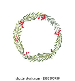 Christmas wreath with holly berries. Watercolor illustration. Wreath with green buxus branches, leaves and red berries. Illustration for greeting cards, invitations, and other printing projects. - Powered by Shutterstock