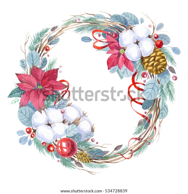 Christmas Wreath Poinsettia Cotton Plant Stock Illustration 534728839