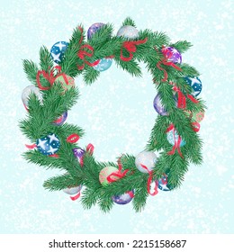 Christmas Wreath With Ribbons, Balls And Bow On Light Blue Background.