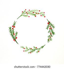 Christmas Wreath Watercolor Drawing On White Paper Background, Christmas Greeting Card Background