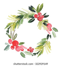 Christmas Wreath Watercolor. Handmade. Holiday Card.