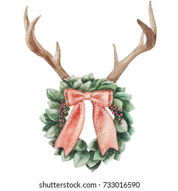 Christmas Wreath. Watercolor Illustration. Christmas Deer