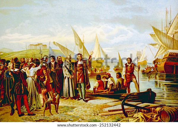 1492年8月3日 クリストファー コロンブスの船出とスペインのパロス港出港リカルド バラカの絵画からのクロモリトグラフ12年 のイラスト素材