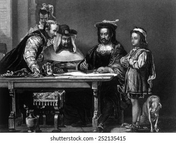 Christopher Columbus Planning His First Voyage, Engraving After Painting By Sid David Wilkie, 1881