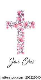 Christ's cross of pink flowers with the inscription Jesus Christ vertical banner for social networks