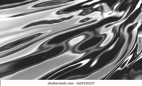 Chrome 3d Rendering Of Melted Wavy Liquid Substance. 