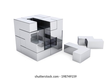 Chrome Cube Brain Teaser Game On A White Background