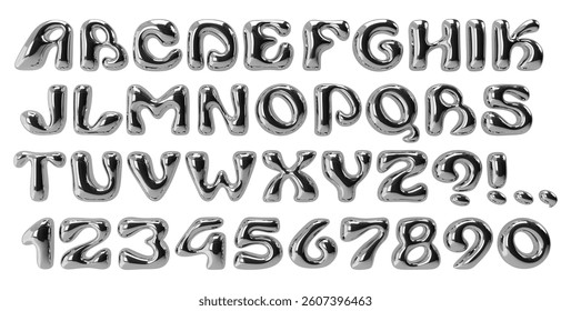 Chrome display font. Typeface with bubble balloon effect. Y2K playful alphabet. Silver wavy groovy letters. Bold metal typescript. Rounded font with reflections