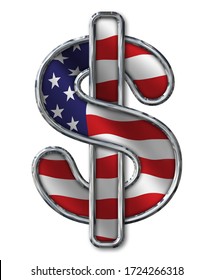 Chrome Dollar Sign and USA Flag white 3D Illustration