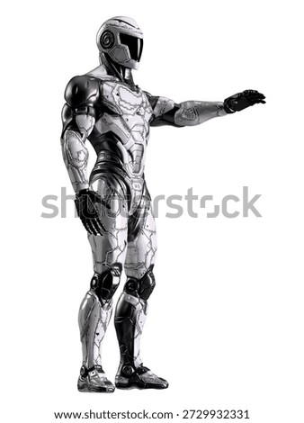 Chrome futuristic humanoid robot android standing and pointing forward isolated on white background science fiction character 3D render