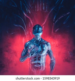 Chrome icebreaker reloaded / 3D illustration of metallic science fiction male humanoid cyborg wearing mirror sunglasses