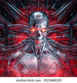 Chrome killer robot - 3D illustration of science fiction skull faced evil cyborg connected to alien machinery