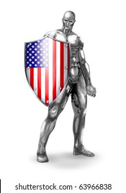 A Chrome Man Holding A Shield Of American Flag