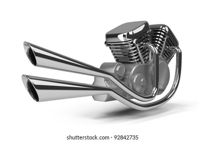 Chromed Motorcycle Engine. 3d Image. Isolated White Background.