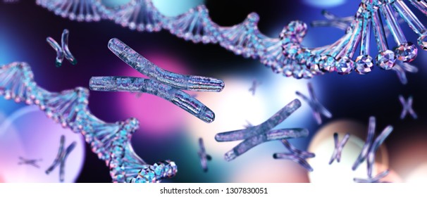 Chromosome, genome, DNA helix, RNA, 3D rendering