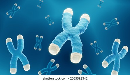 Chromosomes carrying the dna with highlighted telomeres (yellow), 3d illustration