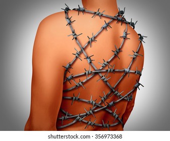 Chronic Back Pain And Human Spinal Backache With A Body Showing The Vertebra Area Wrapped In Barbed Or Barb Wire As A Medical Health Care Concept For Arthritis Or Joint Stress Inflammation.