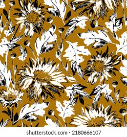 Chrysanthemum Flowers In Earth Calm Tones Seamless Pattern In Warm Boho Style On Brown Background. Watercolor Artwork Floral Raster Illustration For Wallpaper, Textile, Fabric, Package.