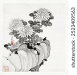 Chrysanthemums (1598–1652) vintage Chinese painting by Chen Hongshou. Chinese styled flower. Vintage Chrysanthemums flower floral art drawing illustration, old Chinese flower painting art print.