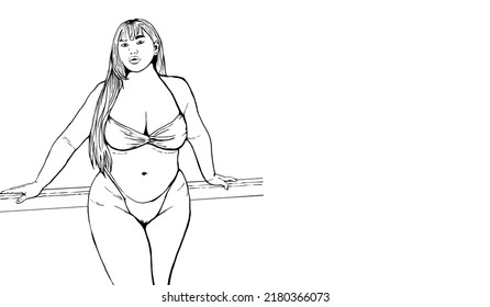 Chubby Woman In Bikini Is Leaning On The Railing. Images Are Suitable For Use As Holiday Illustrations, Outdoor Activities During Holidays And Other's