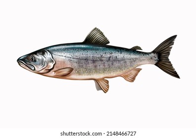 Chum salmon (Oncorhynchus keta)  Pacific fish the salmon family  realistic drawing  illustration for the encyclopedia the inhabitants the seas   oceans  isolated image white background