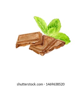 Chunks Of Milk Chocolate Bar. Watercolor Illustration Of Confection With Mint Flavor. Hand Drawn Treat For Menu, Recipe, Label, Packaging Design. Food Item Reach In Sugar.