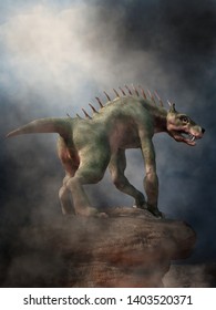 The Chupacabra, Or Goat Sucker, Is A Cryptid, A Legendary Creature Of Folklore That Attacks Livestock. Here The Monster Stands On Rocks In The Fog. 3D Rendering.