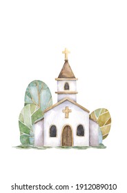 Church Hand Drawn Watercolor Isolated Illustration