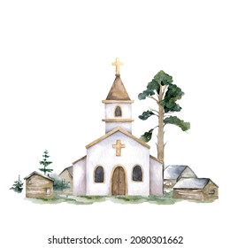 Church Hand Drawn Watercolor Isolated Illustration