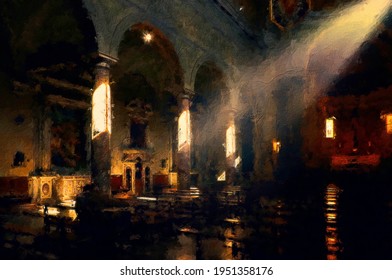 Church Interior With Warm Light Illuminating The Inner Sanctum Oil Painting