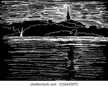 Church in Jurmala, Latvia reflected in Lielupe river, travel sketch, graphic black and white drawing