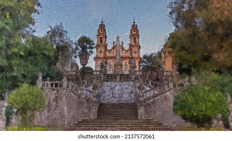 Church of Nossa Senhora dos Remedios on the top of Monte de Santo Estevao, Lamego, Viseu, Portugal, oil painting