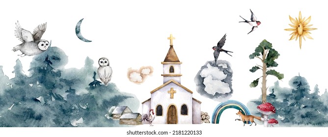 Church, Rural Landscape Watercolor Illustration. Nature, Forest And Wild Animals. Sunny Day Changing Night. Faith, Divinity Clipart On White Background