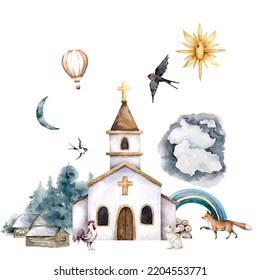 Church, Rural Landscape Watercolor Illustration. Nature, Forest And Wild Animals. Sunny Day Changing Night. Faith, Divinity Clipart On White Background