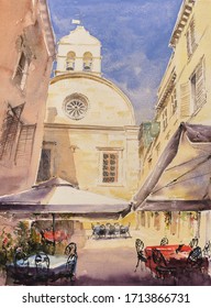  Church In Small City Above A Sea In Šibenik, Croatia. Picture Created With Watercolors.
